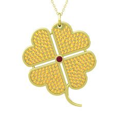 Büyük Yonca Kolye - Kök yakut ve sitrin 14 ayar altın kolye (40 cm altın rolo zincir) #1lntbb3