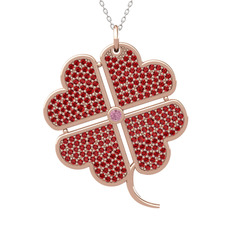 Büyük Yonca Kolye - Pembe kuvars ve garnet 925 ayar rose altın kaplama gümüş kolye (40 cm beyaz altın rolo zincir) #1m66sg5