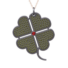 Büyük Yonca Kolye - Garnet ve peridot 925 ayar siyah rodyum kaplama gümüş kolye (40 cm rose altın rolo zincir) #1m6oqut