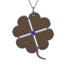 Büyük Yonca Kolye - Ametist ve dumanlı kuvars 925 ayar siyah rodyum kaplama gümüş kolye (40 cm gümüş rolo zincir) #1mfomoc