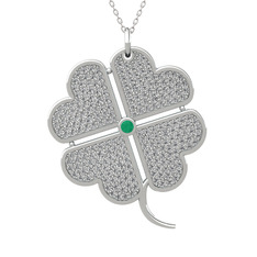 Büyük Yonca Kolye - Kök zümrüt ve swarovski 14 ayar beyaz altın kolye (40 cm beyaz altın rolo zincir) #1okca48