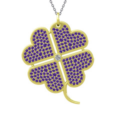 Büyük Yonca Kolye - Swarovski ve ametist 14 ayar altın kolye (40 cm gümüş rolo zincir) #1osm921