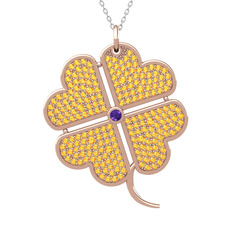 Büyük Yonca Kolye - Ametist ve sitrin 8 ayar rose altın kolye (40 cm beyaz altın rolo zincir) #1owmoqt