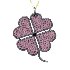 Siyah zirkon ve pembe kuvars 925 ayar siyah rodyum kaplama gümüş kolye (40 cm gümüş rolo zincir)