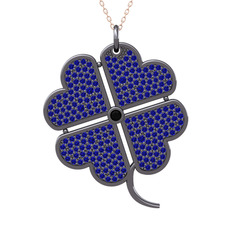 Büyük Yonca Kolye - Siyah zirkon ve lab safir 925 ayar siyah rodyum kaplama gümüş kolye (40 cm gümüş rolo zincir) #1plykfh