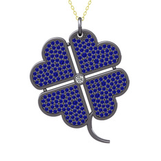 Büyük Yonca Kolye - Swarovski ve lab safir 925 ayar siyah rodyum kaplama gümüş kolye (40 cm altın rolo zincir) #1pmcsqs
