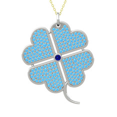 Büyük Yonca Kolye - Lab safir ve akuamarin 8 ayar beyaz altın kolye (40 cm altın rolo zincir) #1qjfdve