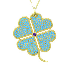 Büyük Yonca Kolye - Ametist ve akuamarin 8 ayar altın kolye (40 cm altın rolo zincir) #1qlq1ld