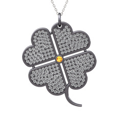 Büyük Yonca Kolye - Sitrin ve beyaz zirkon 925 ayar siyah rodyum kaplama gümüş kolye (40 cm beyaz altın rolo zincir) #1qory3a