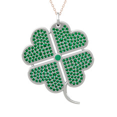 Büyük Yonca Kolye - Kök zümrüt ve yeşil kuvars 18 ayar beyaz altın kolye (40 cm gümüş rolo zincir) #1ri5p7e