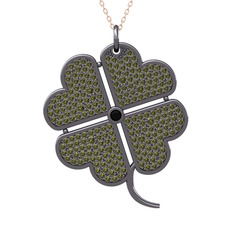Büyük Yonca Kolye - Siyah zirkon ve peridot 925 ayar siyah rodyum kaplama gümüş kolye (40 cm rose altın rolo zincir) #1s1yj0v