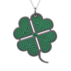 Büyük Yonca Kolye - Yeşil kuvars 925 ayar siyah rodyum kaplama gümüş kolye (40 cm beyaz altın rolo zincir) #1sjfbap