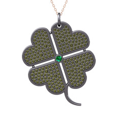 Büyük Yonca Kolye - Yeşil kuvars ve peridot 925 ayar siyah rodyum kaplama gümüş kolye (40 cm rose altın rolo zincir) #1ssjbtt