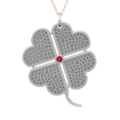 Büyük Yonca Kolye - Rodolit garnet ve pırlanta 8 ayar beyaz altın kolye (3.3 karat, 40 cm rose altın rolo zincir) #1u382n4