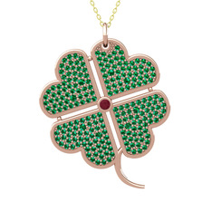 Büyük Yonca Kolye - Kök yakut ve yeşil kuvars 18 ayar rose altın kolye (40 cm gümüş rolo zincir) #1u89dc0