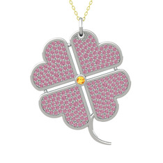 Büyük Yonca Kolye - Sitrin ve pembe kuvars 18 ayar beyaz altın kolye (40 cm altın rolo zincir) #1u9pjk4