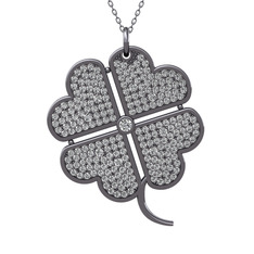 Büyük Yonca Kolye - Swarovski ve beyaz zirkon 925 ayar siyah rodyum kaplama gümüş kolye (40 cm gümüş rolo zincir) #1vac2fq