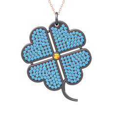 Büyük Yonca Kolye - Sitrin ve akuamarin 925 ayar siyah rodyum kaplama gümüş kolye (40 cm rose altın rolo zincir) #1w8jc9w