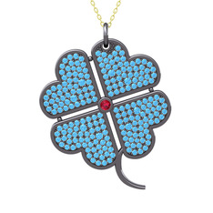 Büyük Yonca Kolye - Rodolit garnet ve akuamarin 925 ayar siyah rodyum kaplama gümüş kolye (40 cm altın rolo zincir) #1ybxobw