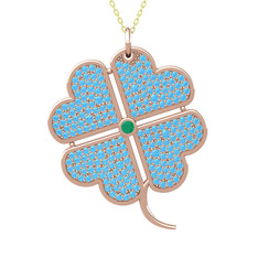 Büyük Yonca Kolye - Kök zümrüt ve akuamarin 8 ayar rose altın kolye (40 cm altın rolo zincir) #1yem13b