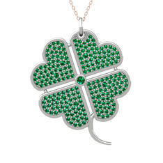 Büyük Yonca Kolye - Yeşil kuvars 18 ayar beyaz altın kolye (40 cm gümüş rolo zincir) #1ytz2c