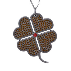 Büyük Yonca Kolye - Garnet ve dumanlı kuvars 925 ayar siyah rodyum kaplama gümüş kolye (40 cm gümüş rolo zincir) #1z1023i