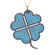 Büyük Yonca Kolye - Swarovski ve akuamarin 925 ayar siyah rodyum kaplama gümüş kolye (40 cm altın rolo zincir) #2di020