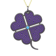 Büyük Yonca Kolye - Akuamarin ve ametist 925 ayar siyah rodyum kaplama gümüş kolye (40 cm gümüş rolo zincir) #2qvxdm