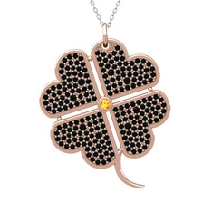 Büyük Yonca Kolye - Sitrin ve siyah zirkon 14 ayar rose altın kolye (40 cm gümüş rolo zincir) #2zsmeg