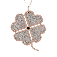 Büyük Yonca Kolye - Siyah zirkon ve swarovski 925 ayar rose altın kaplama gümüş kolye (40 cm beyaz altın rolo zincir) #3an3mv