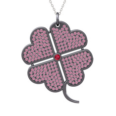 Büyük Yonca Kolye - Rodolit garnet ve pembe kuvars 925 ayar siyah rodyum kaplama gümüş kolye (40 cm gümüş rolo zincir) #3bfoes