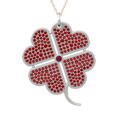 Büyük Yonca Kolye - Kök yakut ve garnet 14 ayar beyaz altın kolye (40 cm rose altın rolo zincir) #45emmb