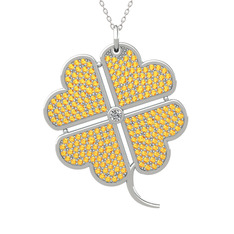 Büyük Yonca Kolye - Swarovski ve sitrin 925 ayar gümüş kolye (40 cm gümüş rolo zincir) #4whk8i