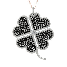 Büyük Yonca Kolye - Swarovski ve siyah zirkon 18 ayar beyaz altın kolye (40 cm gümüş rolo zincir) #505emx
