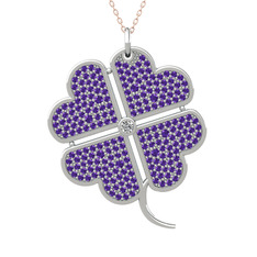 Büyük Yonca Kolye - Swarovski ve ametist 14 ayar beyaz altın kolye (40 cm rose altın rolo zincir) #557nlq