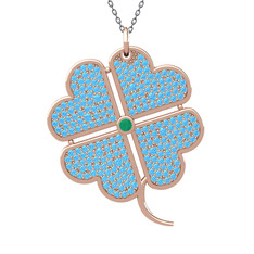 Büyük Yonca Kolye - Kök zümrüt ve akuamarin 14 ayar rose altın kolye (40 cm gümüş rolo zincir) #5lf5qq