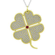 Büyük Yonca Kolye - Kök yakut ve swarovski 925 ayar altın kaplama gümüş kolye (40 cm beyaz altın rolo zincir) #5lokto