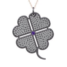 Büyük Yonca Kolye - Ametist ve swarovski 925 ayar siyah rodyum kaplama gümüş kolye (40 cm gümüş rolo zincir) #5s9iu