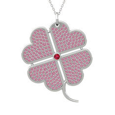Büyük Yonca Kolye - Rodolit garnet ve pembe kuvars 8 ayar beyaz altın kolye (40 cm beyaz altın rolo zincir) #6p692f