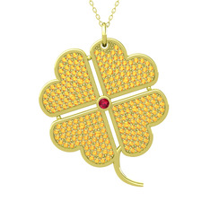 Büyük Yonca Kolye - Rodolit garnet ve sitrin 14 ayar altın kolye (40 cm altın rolo zincir) #6r8sdq