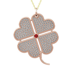 Büyük Yonca Kolye - Garnet ve beyaz zirkon 8 ayar rose altın kolye (40 cm gümüş rolo zincir) #7ohk5x