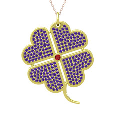 Büyük Yonca Kolye - Garnet ve ametist 925 ayar altın kaplama gümüş kolye (40 cm rose altın rolo zincir) #81ep28