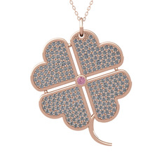 Büyük Yonca Kolye - Pembe kuvars ve pırlanta 14 ayar rose altın kolye (3.3 karat, 40 cm rose altın rolo zincir) #8i6nop