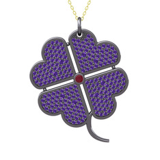 Büyük Yonca Kolye - Kök yakut ve ametist 925 ayar siyah rodyum kaplama gümüş kolye (40 cm altın rolo zincir) #9g6rfq