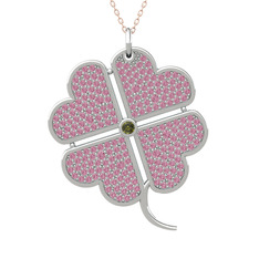 Peridot ve pembe kuvars 18 ayar beyaz altın kolye (40 cm gümüş rolo zincir)