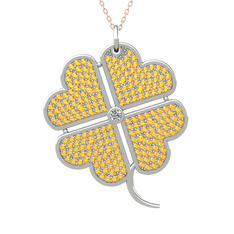 Büyük Yonca Kolye - Swarovski ve sitrin 925 ayar gümüş kolye (40 cm rose altın rolo zincir) #a8g60