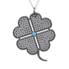 Büyük Yonca Kolye - Akuamarin ve beyaz zirkon 925 ayar siyah rodyum kaplama gümüş kolye (40 cm beyaz altın rolo zincir) #ach2iu