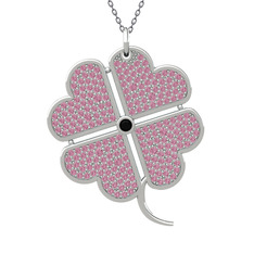 Büyük Yonca Kolye - Siyah zirkon ve pembe kuvars 8 ayar beyaz altın kolye (40 cm gümüş rolo zincir) #ay8u96