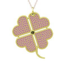 Büyük Yonca Kolye - Peridot ve pembe kuvars 18 ayar altın kolye (40 cm rose altın rolo zincir) #ayrqi5