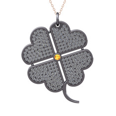 Büyük Yonca Kolye - Sitrin ve pırlanta 925 ayar siyah rodyum kaplama gümüş kolye (3.3 karat, 40 cm gümüş rolo zincir) #b1z0fe